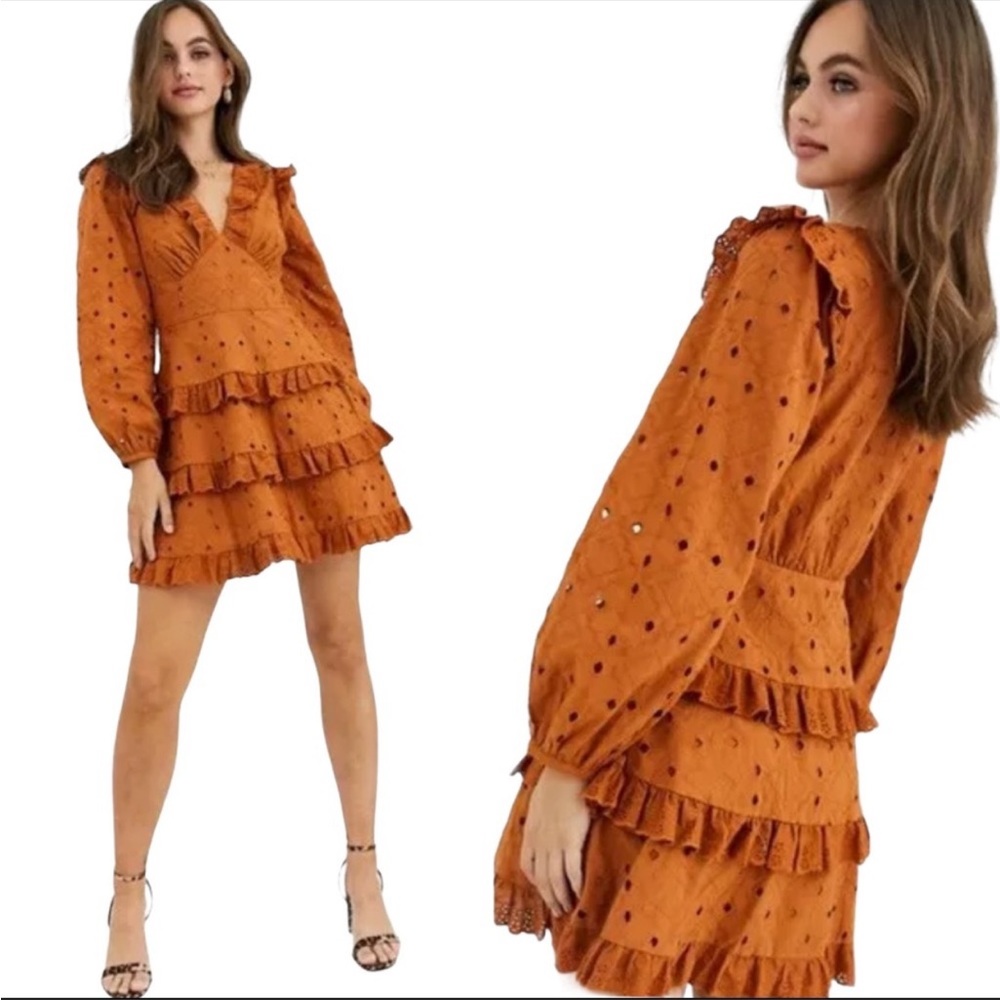 NWT ASOS Burnt Orange Broderie Tiered Ruffle Long Sleeve Eyelet Mini Dress 0